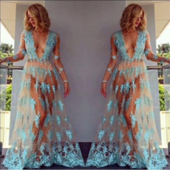 Lena Vie Other - See Me In Aqua Lace Mesh Swim Maxi Dress Cover Up